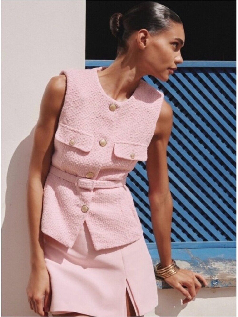 Zara Women's Pink Structured Belted Belted Vest Sz L Tweed 2132/091 NEW